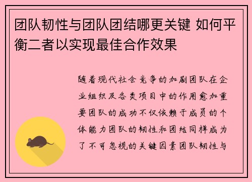 团队韧性与团队团结哪更关键 如何平衡二者以实现最佳合作效果