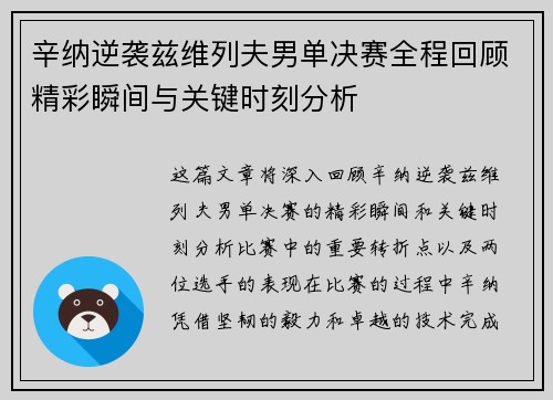 辛纳逆袭兹维列夫男单决赛全程回顾精彩瞬间与关键时刻分析