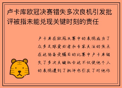 卢卡库欧冠决赛错失多次良机引发批评被指未能兑现关键时刻的责任